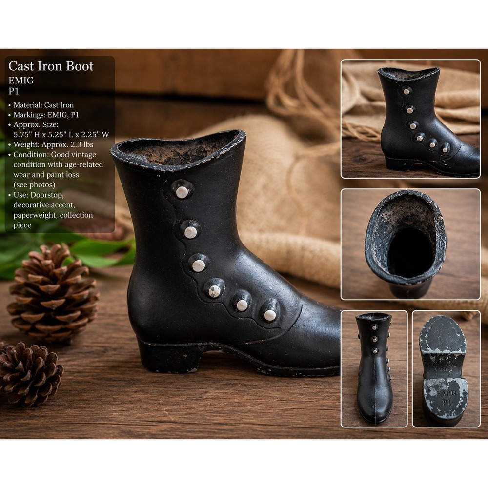 Vintage EMIG P-1 Cast Iron Victorian Button‎ Boot Match Toothpick Holder Black
